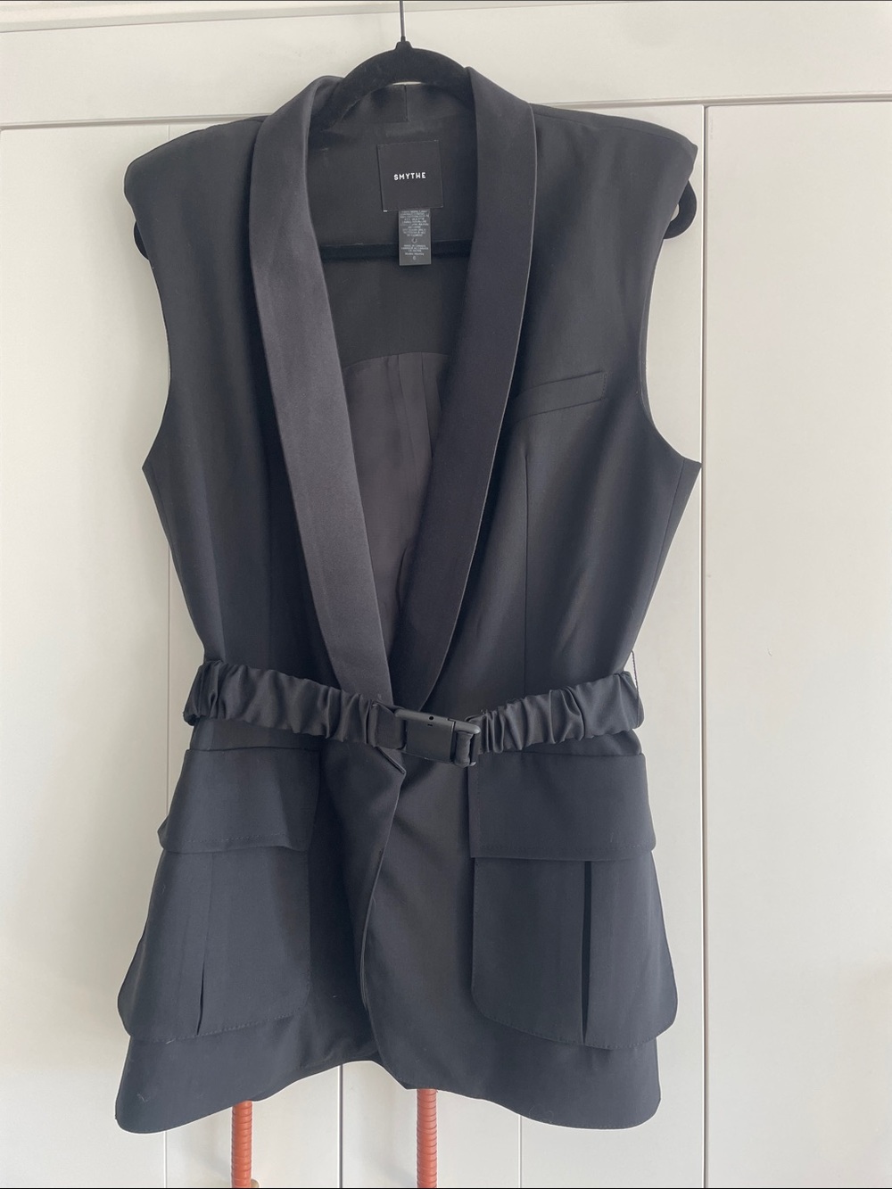 Smythe Black Sleeveless Shawl-Collar Removable Belted Vest with Flap Pockets
